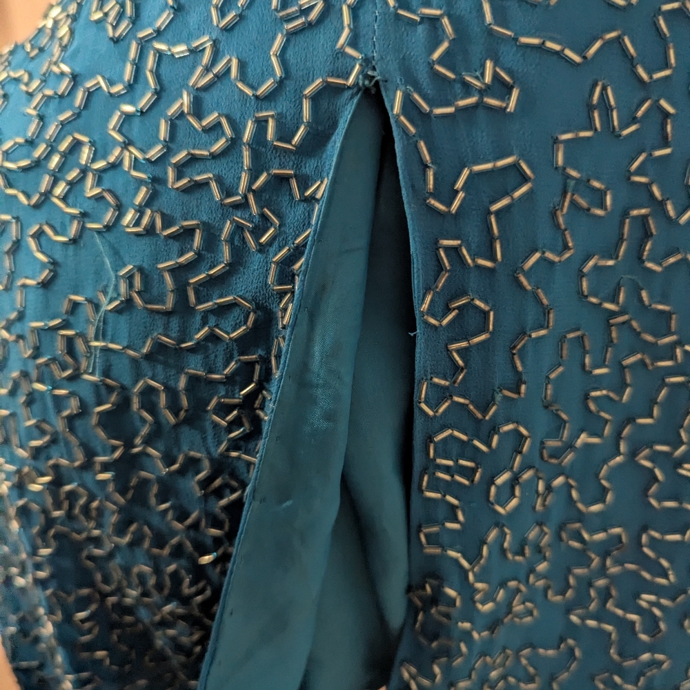 AJ Bari VTG Silk Blue Sequin Beaded Dress 10 - Picture 9 of 10